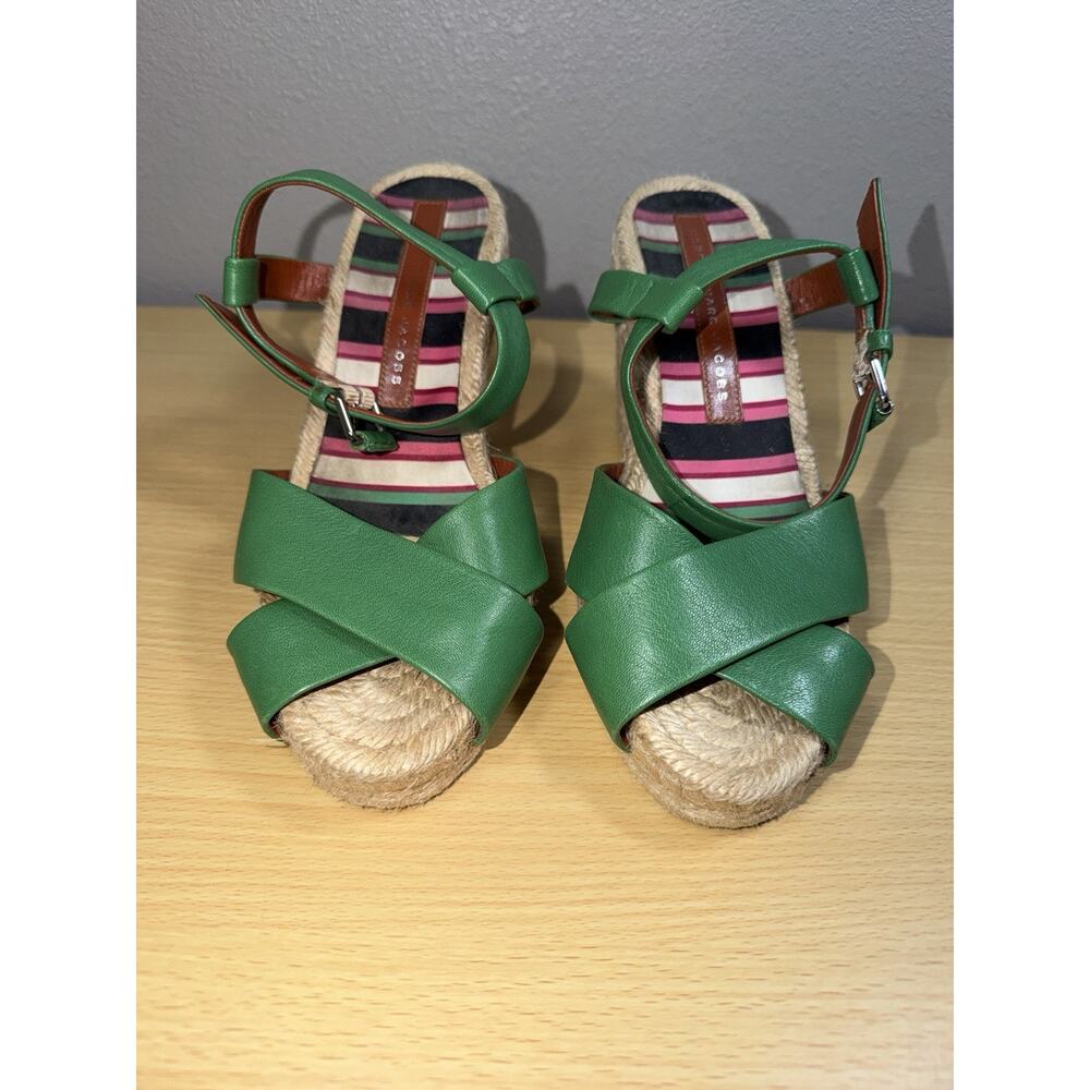 Marc By Marc Jacobs Green Leather Cross Strap Wedge Espadrilles Sandals 37 /US 7